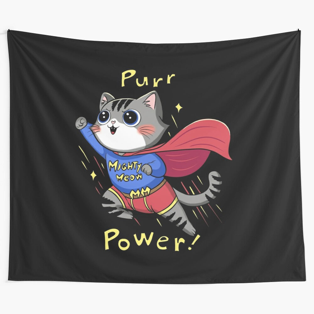 Mighty Meow Supercat, an adorable superhero cat character in a tapestry