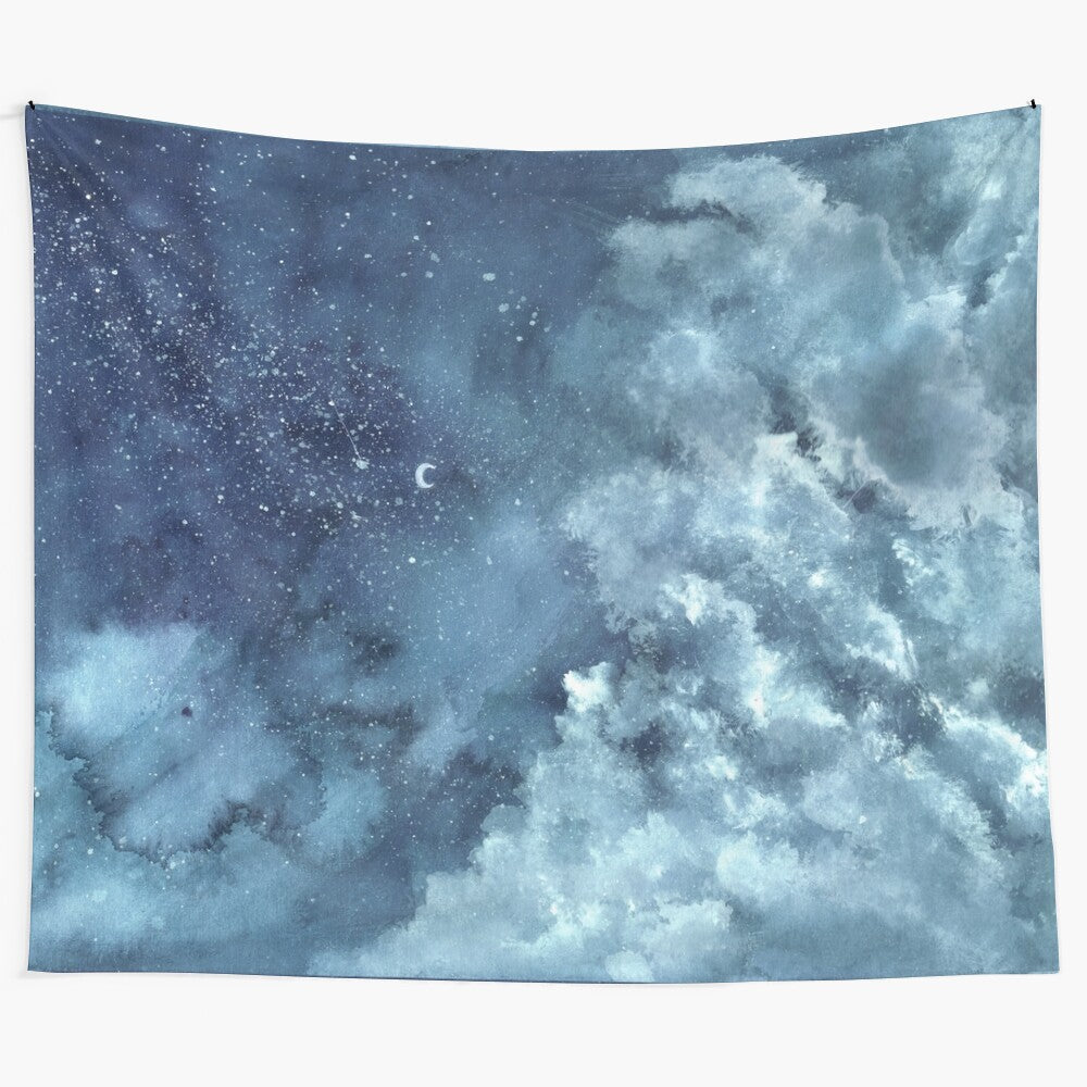 Stunning tapestry depicting a night sky with clouds, stars, and the moon