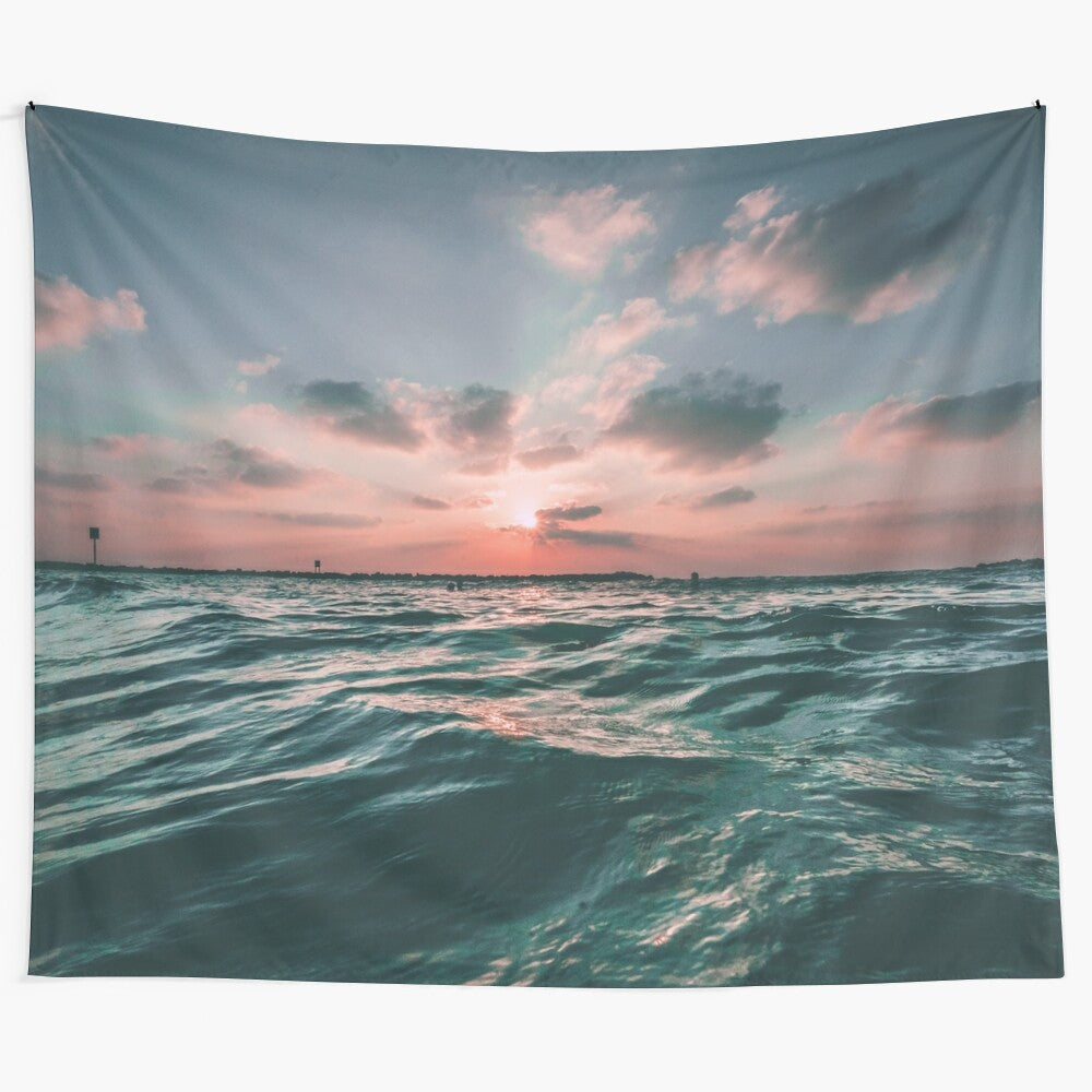 Sunset Paradise Tapestry with Ocean, Beach, and Blue Sky Scenery