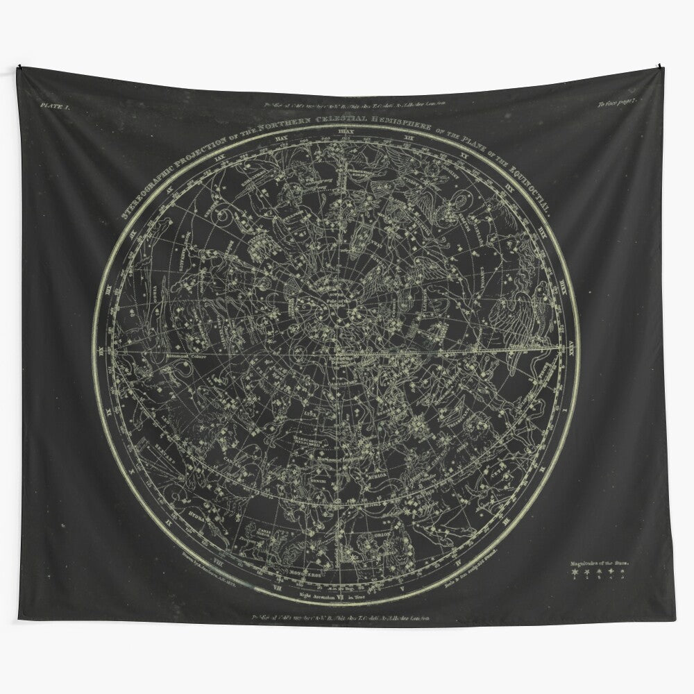 Vintage-styled tapestry featuring constellations of the northern night sky