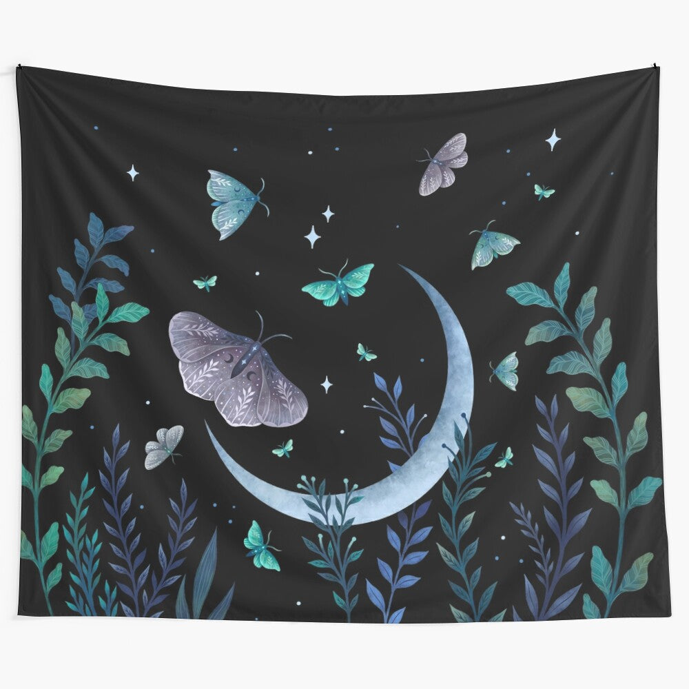 Moth Garden Tapestry featuring a luna moth in a mystical, botanical garden setting