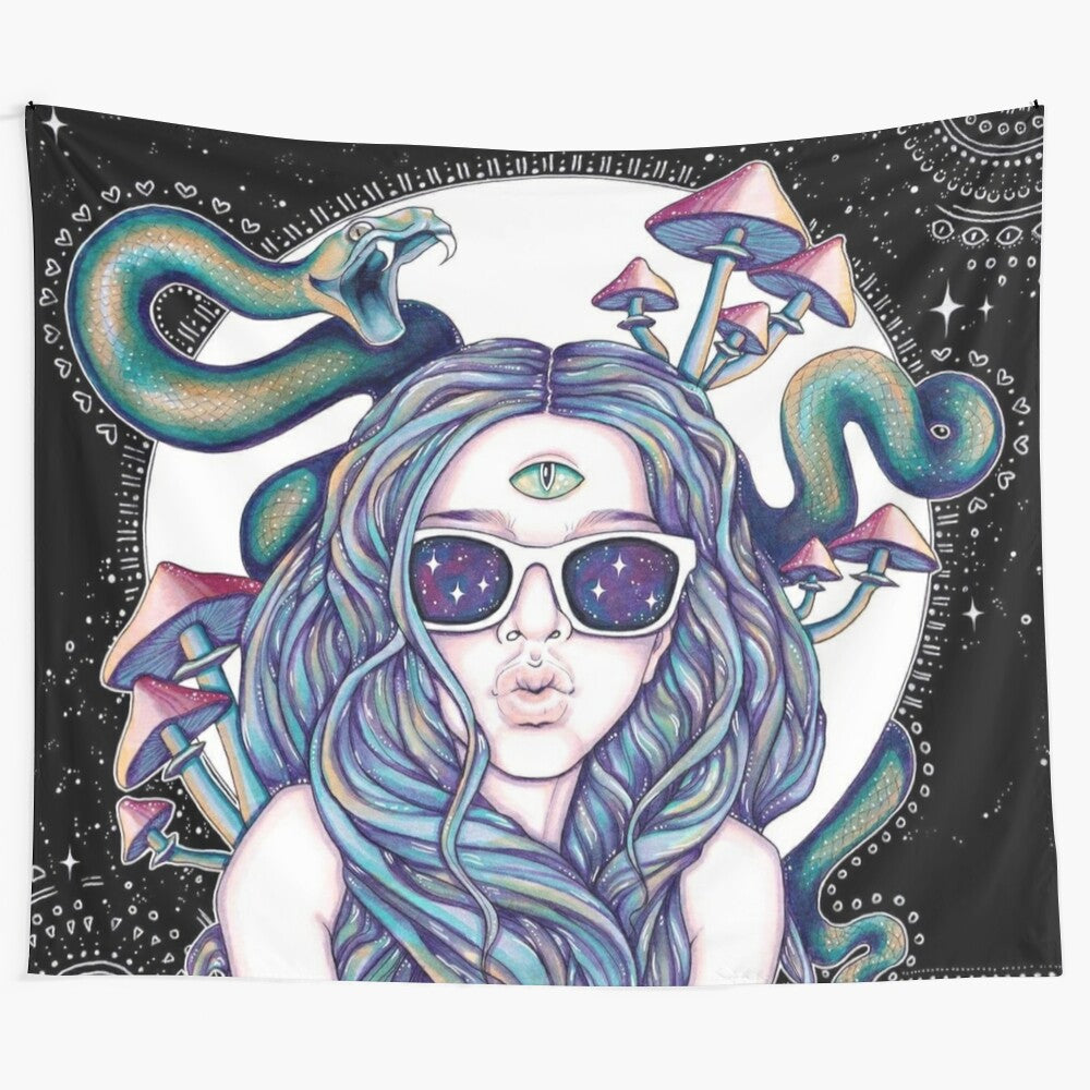 Trippy psychedelic tapestry with cosmic, celestial, and galactic designs