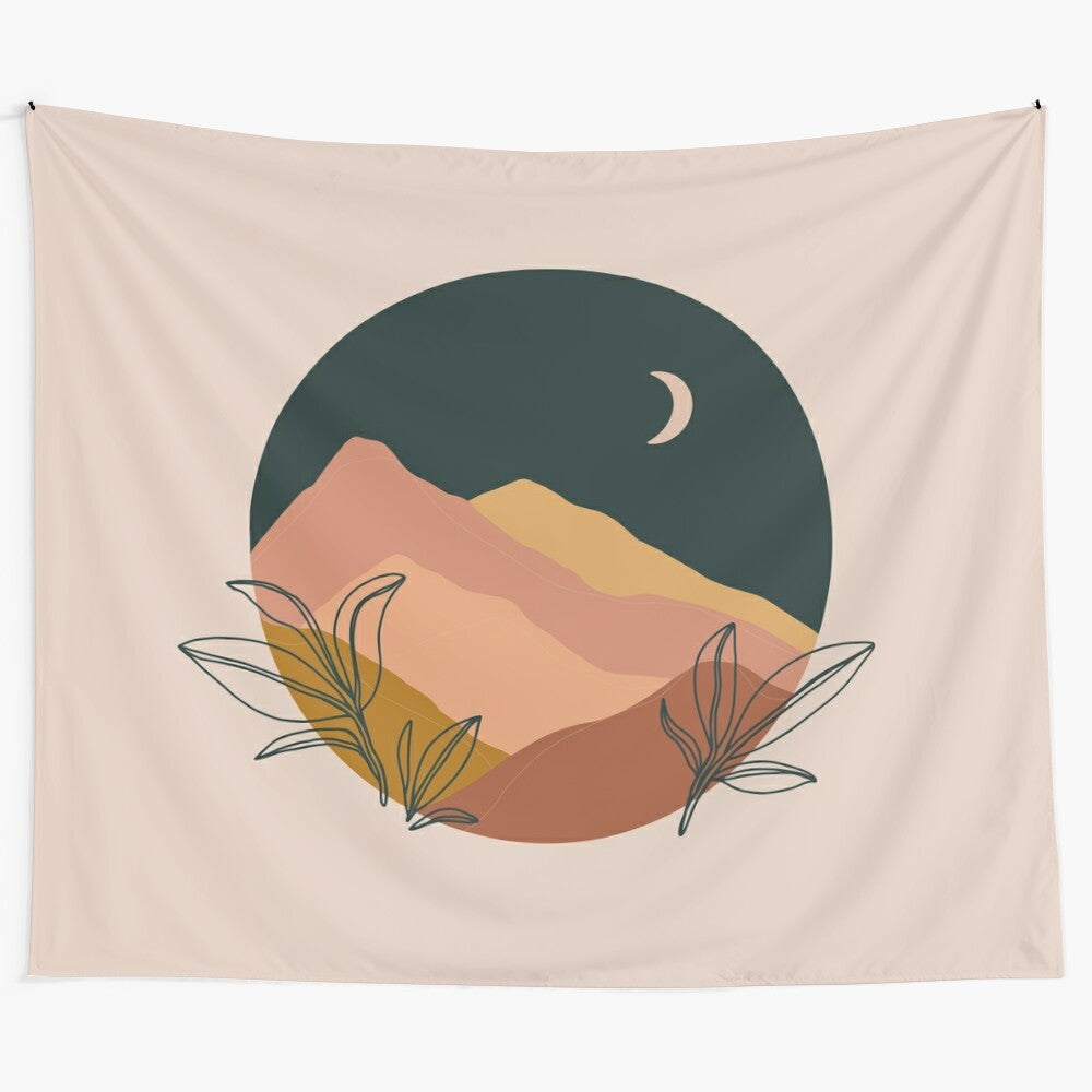 Minimalist earth tone mountains tapestry with line art design