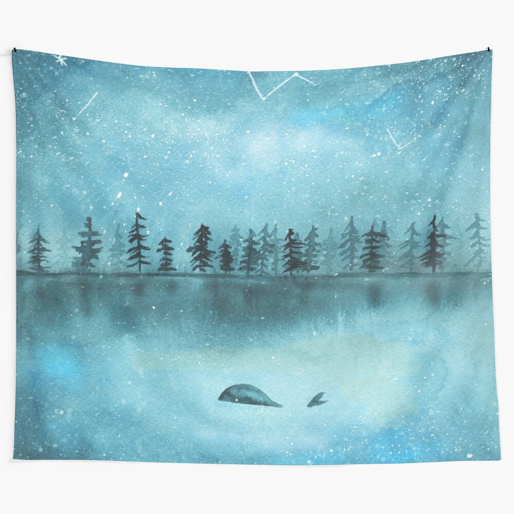 Beautiful galaxy tapestry featuring a majestic whale in the starry night sky