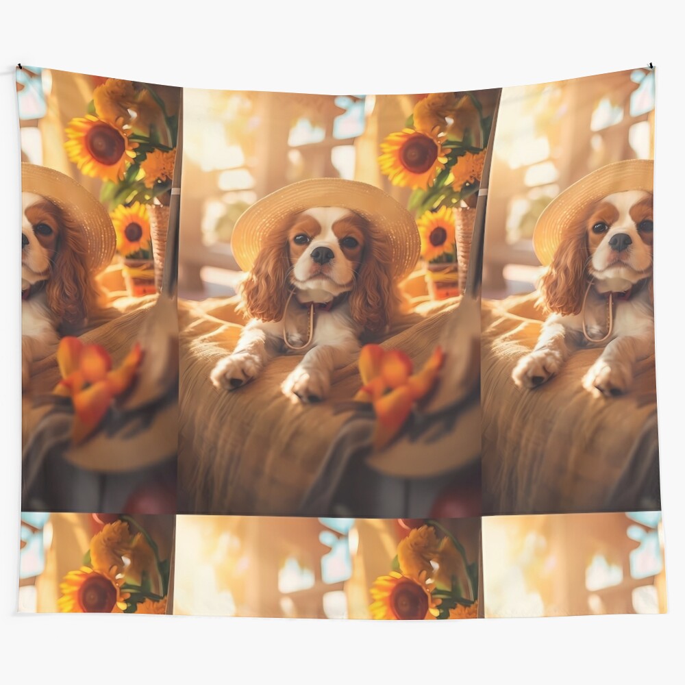 Sunflower Cavalier King Charles Spaniel Dog Portrait Tapestry