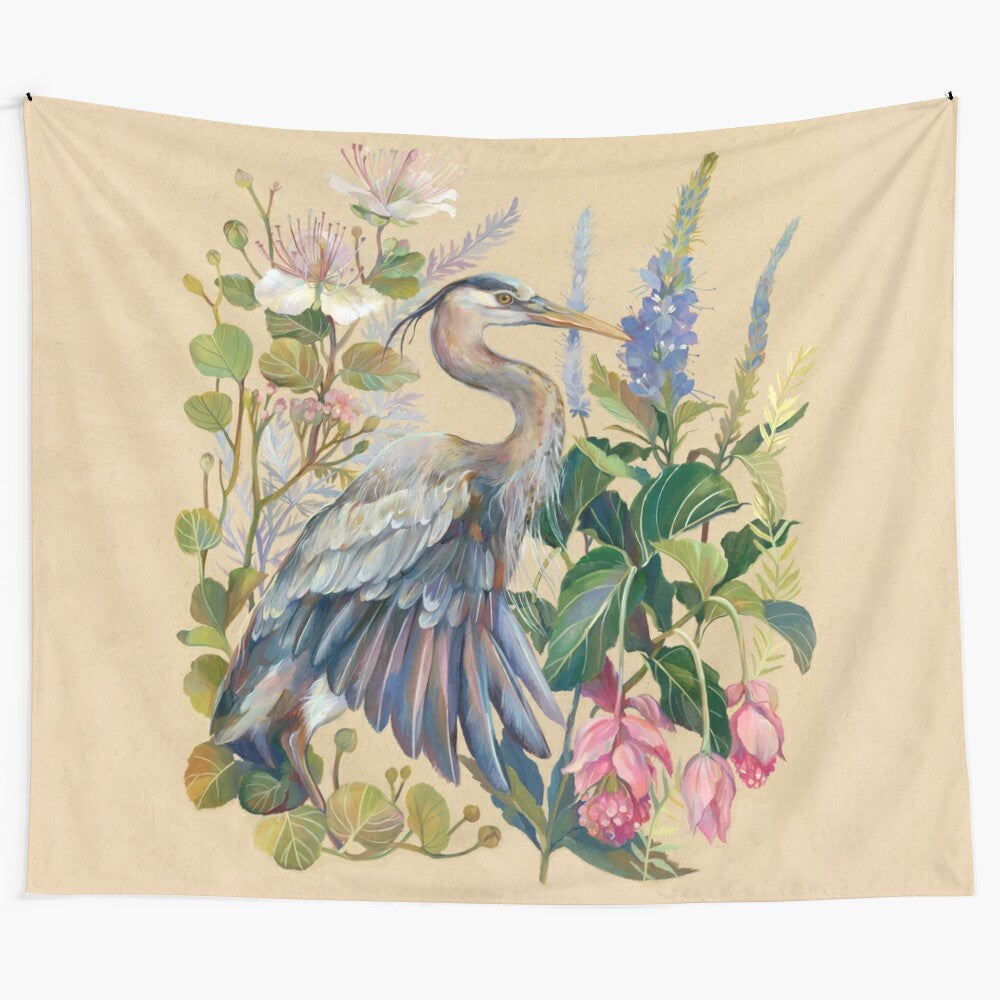 A beautiful blue heron in a lush, botanical floral tapestry design