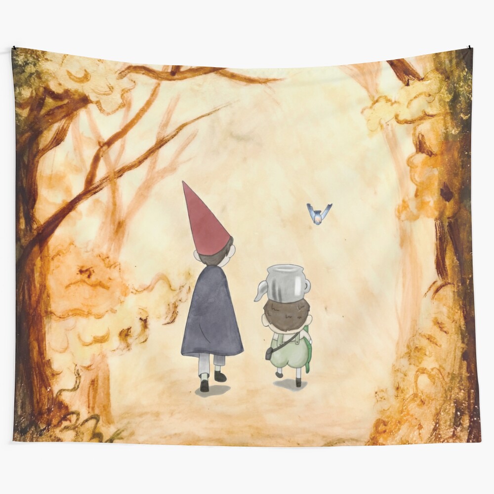 Watercolor tapestry featuring characters Wirt, Greg, and Beatrice from the animated series "Over the Garden Wall"