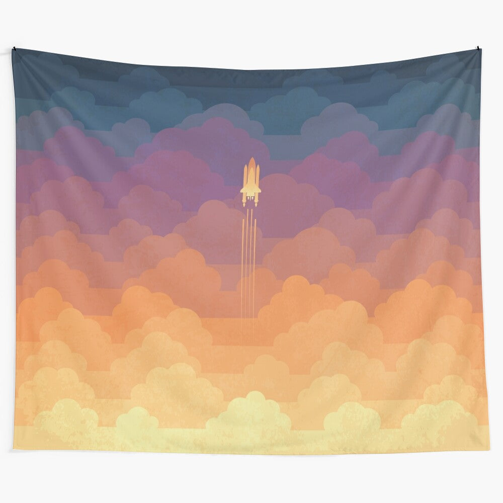 Clouds Tapestry Depicting Rocket Silhouettes Against a Colorful Cosmic Sky