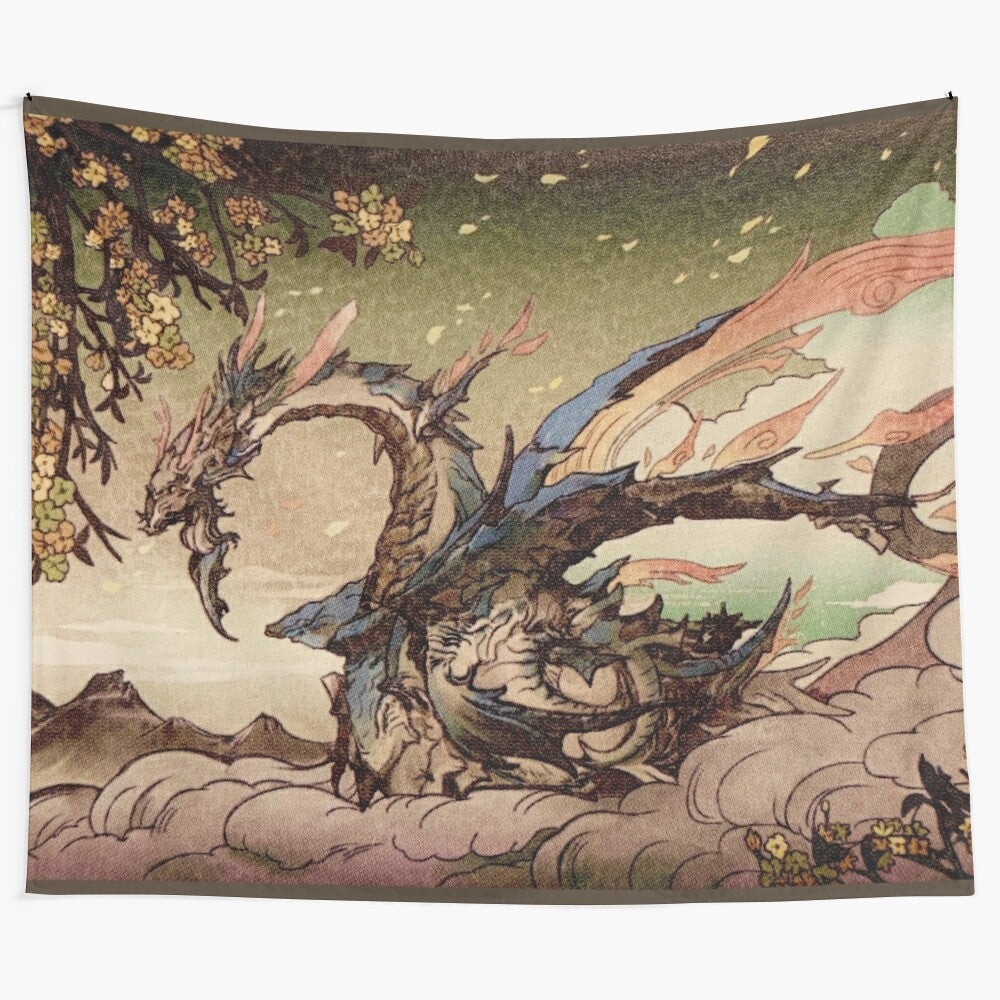 Xenoblade 2 Torna the Golden Country inspired woodblock print tapestry featuring a fantasy landscape