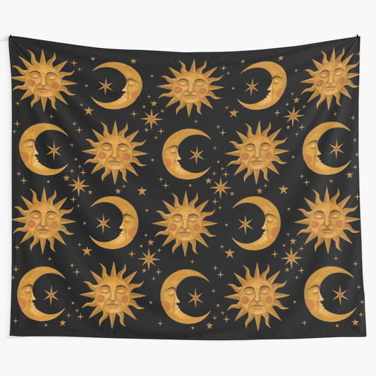 Celestial tapestry with moon, stars, and cosmic motifs