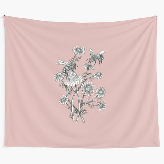 Dusty pink floral tapestry featuring bees and chamomile