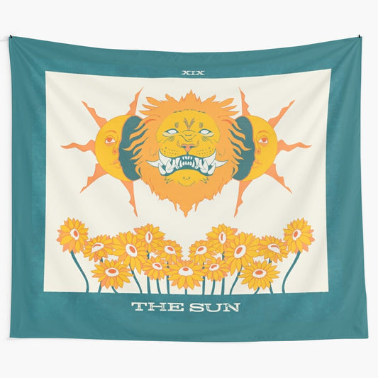 Vibrant tapestry featuring the Sun tarot card with a lion, sunflower, and celestial elements