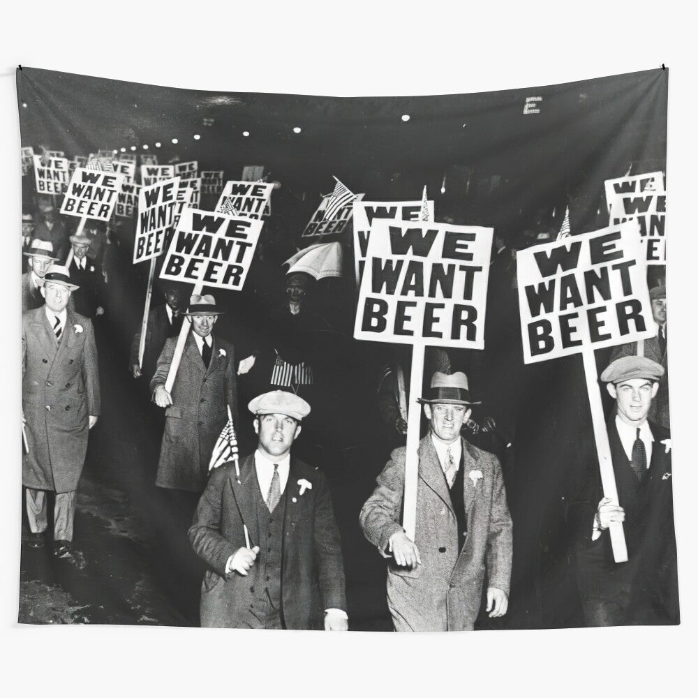 Vintage prohibition-themed black and white bar wall tapestry featuring "We Want Beer" slogan