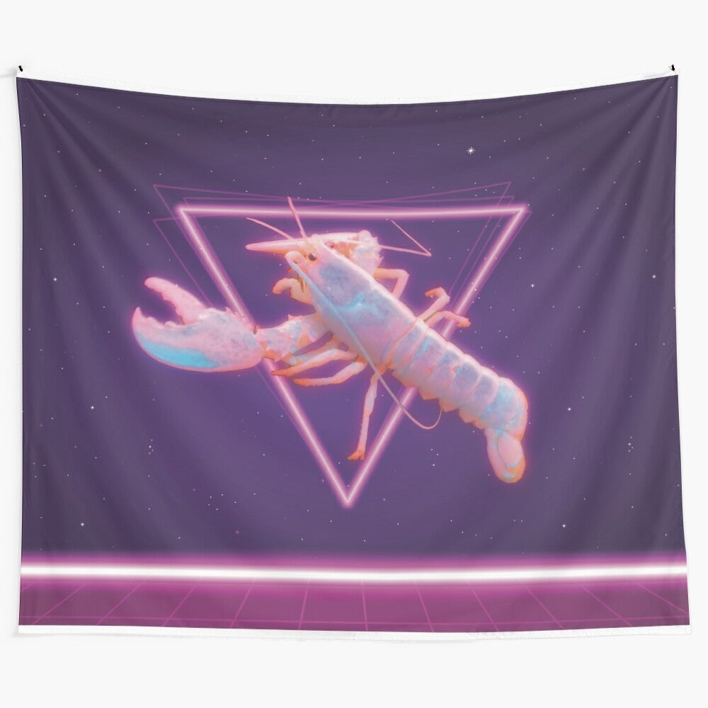 Vibrant vaporwave-style tapestry featuring a retro lobster design