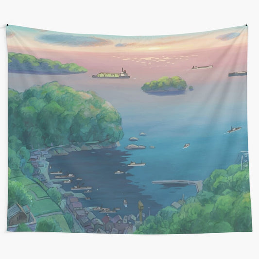 Anime-inspired tapestry featuring a serene ocean landscape with watercolor elements