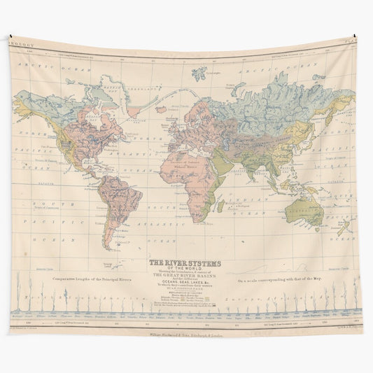 Vintage 1852 world map tapestry depicting historical river systems