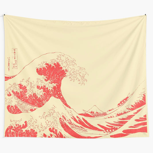 Red tapestry featuring Hokusai's iconic The Great Wave Off Kanagawa artwork