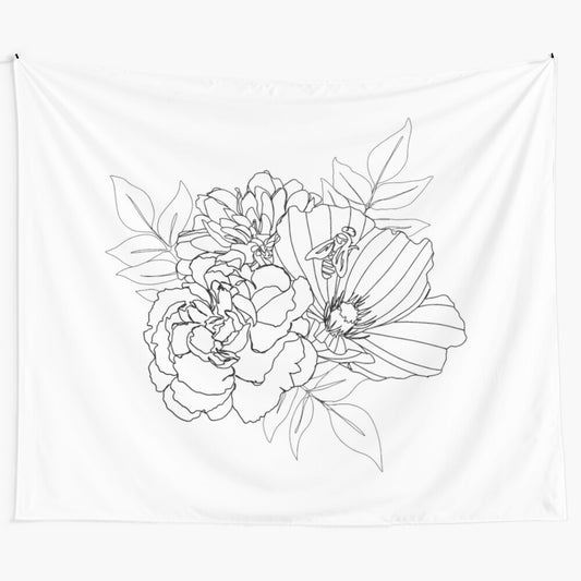 Floral Arrangement Tapestry - Minimalist Black and White Wall Art