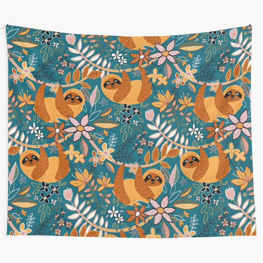 Boho sloth floral tapestry wall hanging featuring a happy sloth surrounded by colorful flowers and a teal, orange, and brown pattern.