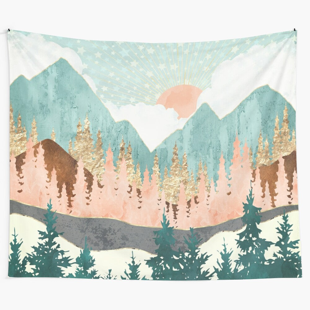 Captivating winter forest landscape tapestry with mountains, stars, sun, and moon