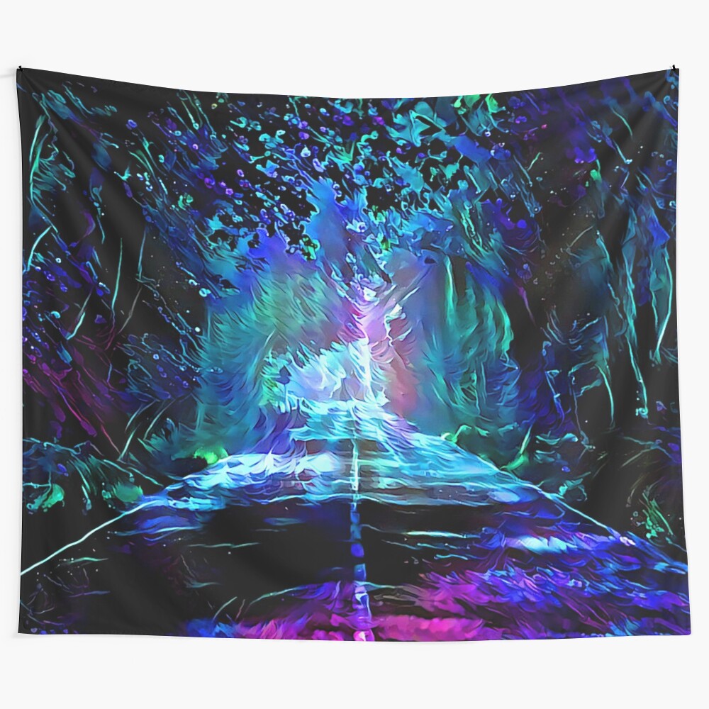 Blacklight tapestry featuring a colorful, fantasy-inspired night scene on a road through a mysterious forest