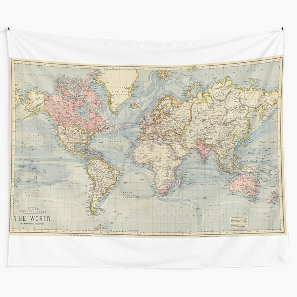 Vintage-style world map tapestry featuring an antique 1883 cartographic design