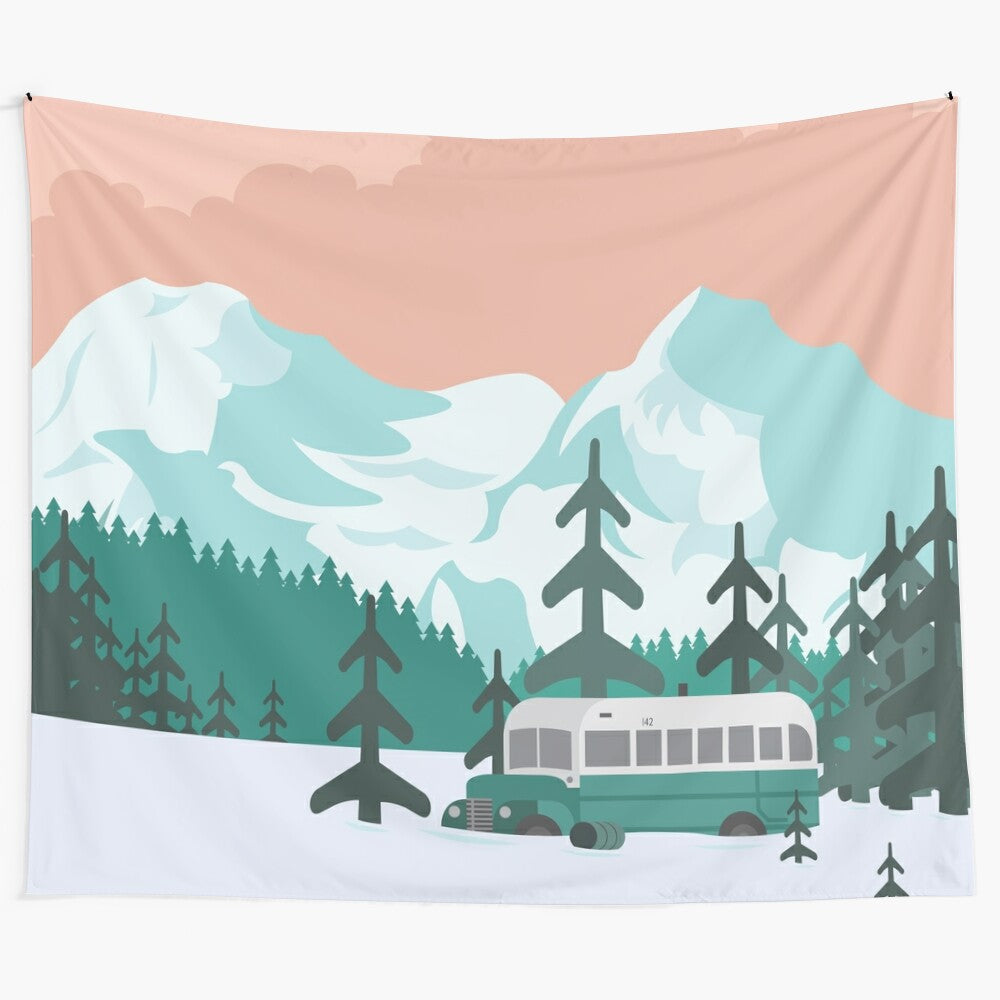 Breathtaking tapestry depicting a snowy wilderness scene inspired by the movie "Into the Wild"