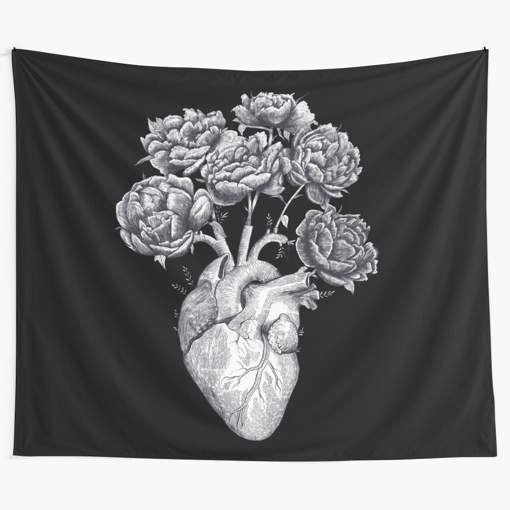 Black and white tapestry featuring a heart design with peonies