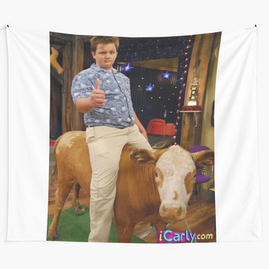 Vibrant tapestry featuring the iconic Gibby character from the hit TV show iCarly in a cowboy hat and attire