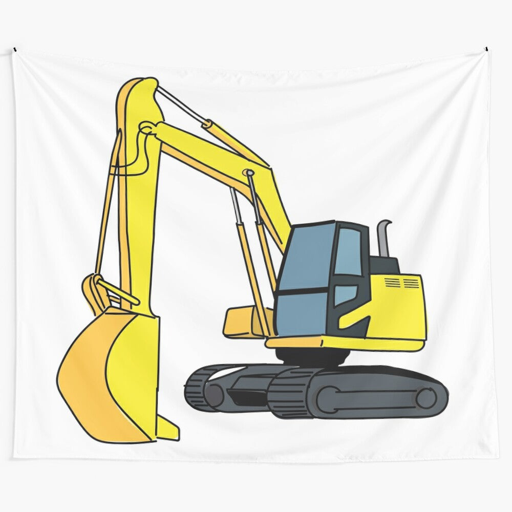 Excavator construction vehicle illustration tapestry featuring a detailed excavator on a construction site.