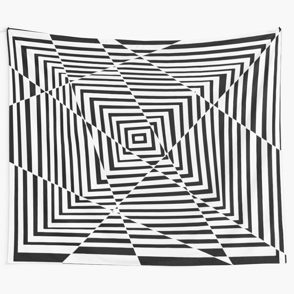 Optical illusion tapestry with abstract, geometric black and white design