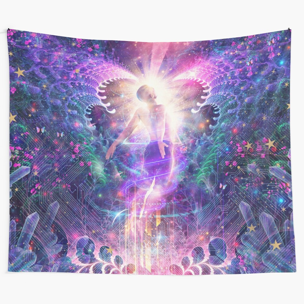 Vibrant and visionary tapestry featuring abstract, psychedelic, and spiritual imagery