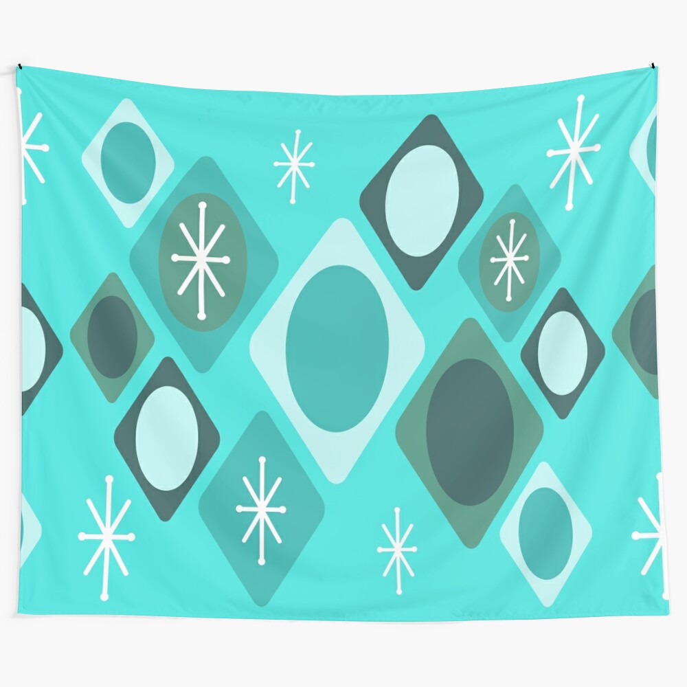 Colorful mid-century modern tapestry with diamond and starburst geometric patterns