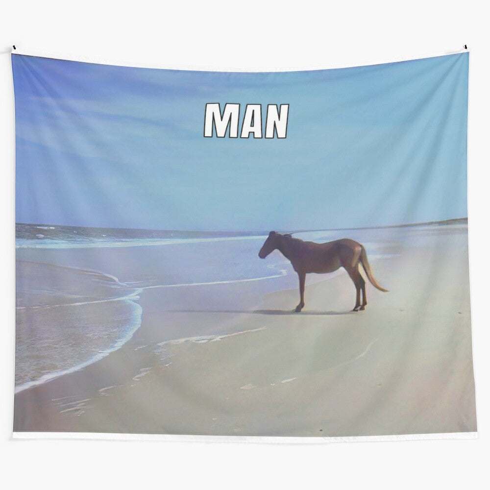 Man horse meme tapestry featuring a horse on a beach