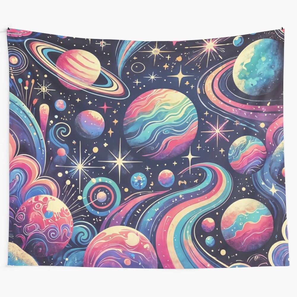 Neon starburst tapestry showcasing a colorful cosmic design with planets, galaxies, and a starry sky.