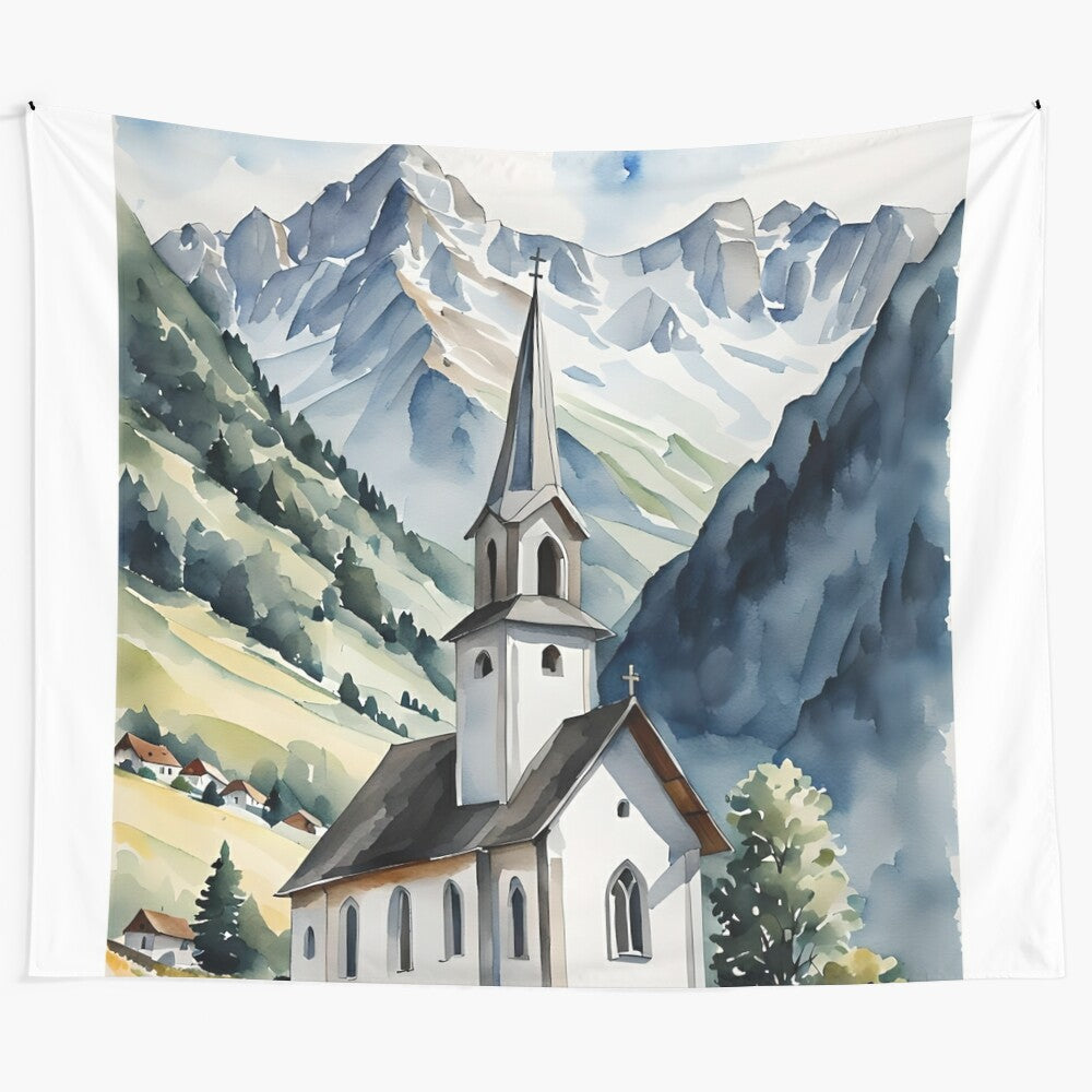 Watercolor painting of an old church in Switzerland with a serene and peaceful landscape