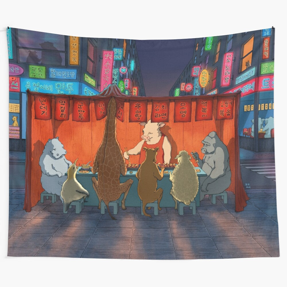 Vibrant street food tapestry featuring a colorful illustration of a city scene with various animals and food trucks