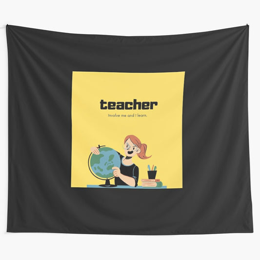 Tapestry featuring the words "Teacher, Educator" with various educational icons