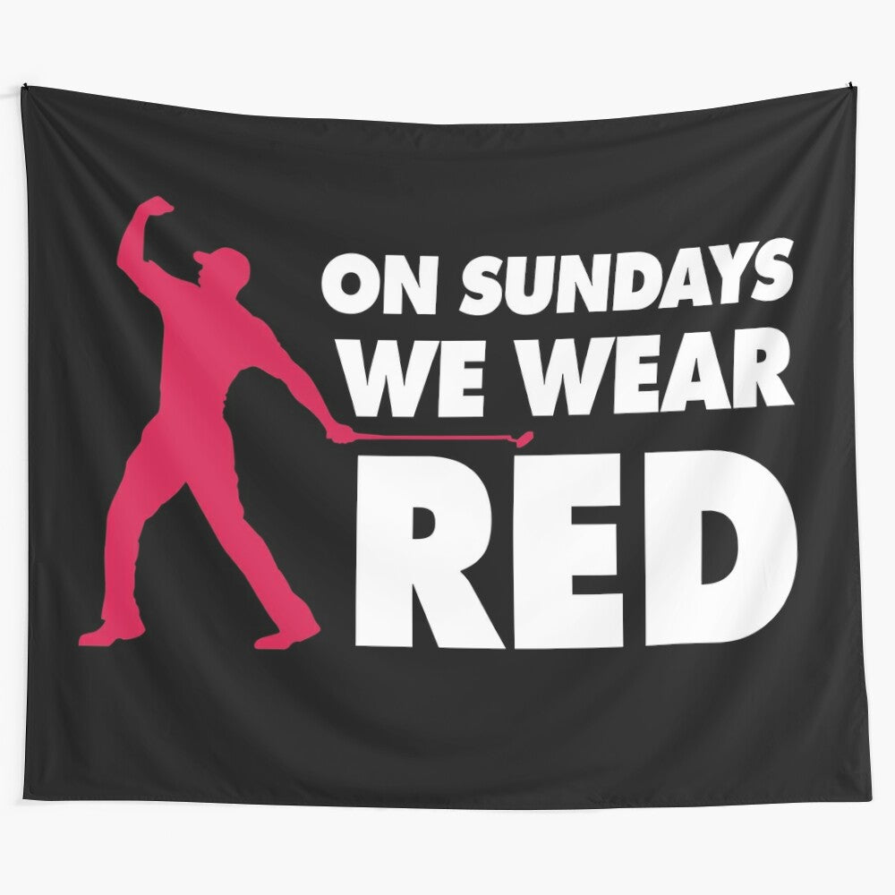 Tapestry with the text "On Sundays We Wear Red" featuring golf and sports themes