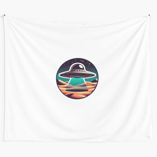 Alien Desert Landing Tapestry featuring a UFO spacecraft landing in a desert landscape with a galaxy and nebula in the background