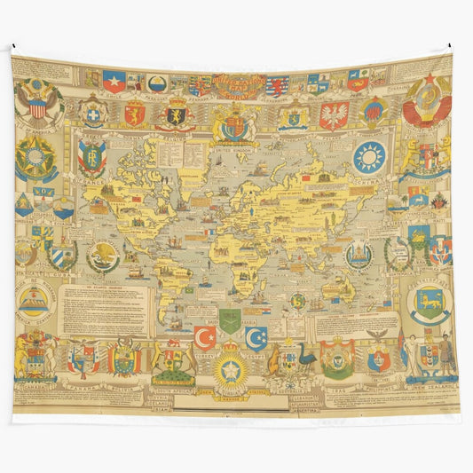 Vintage-inspired world map tapestry showcasing the continents and oceans