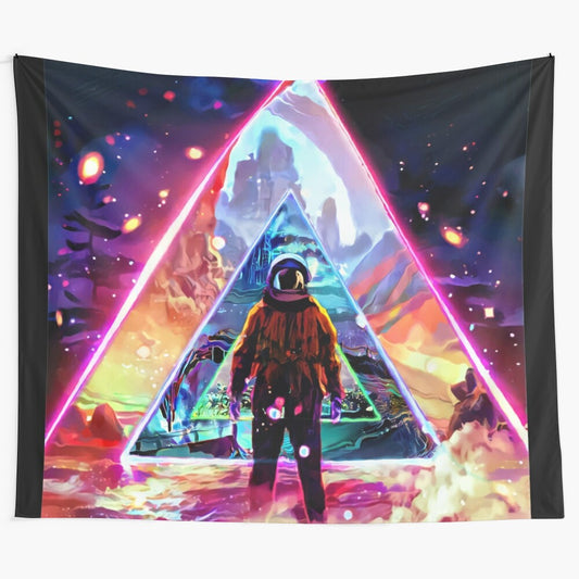 Cosmic triangle travel tapestry featuring a vibrant galaxy, stars, and planets