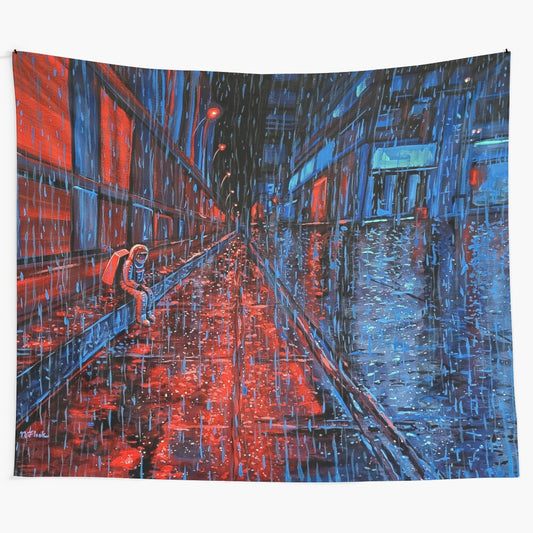 Colorful abstract tapestry featuring surreal space and rainy city scene