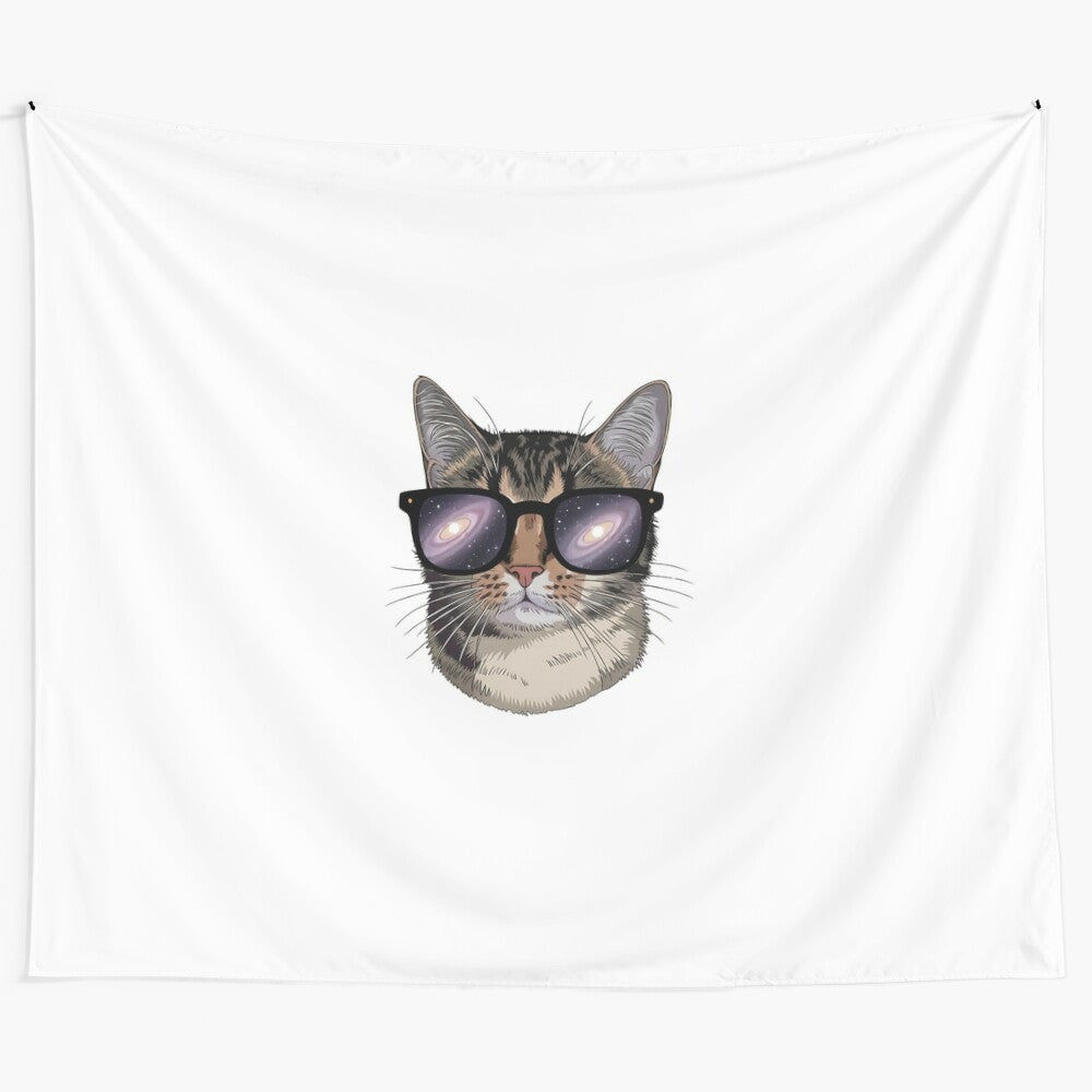 Colorful galaxy cat tapestry featuring a cat wearing glasses in a cosmic space setting