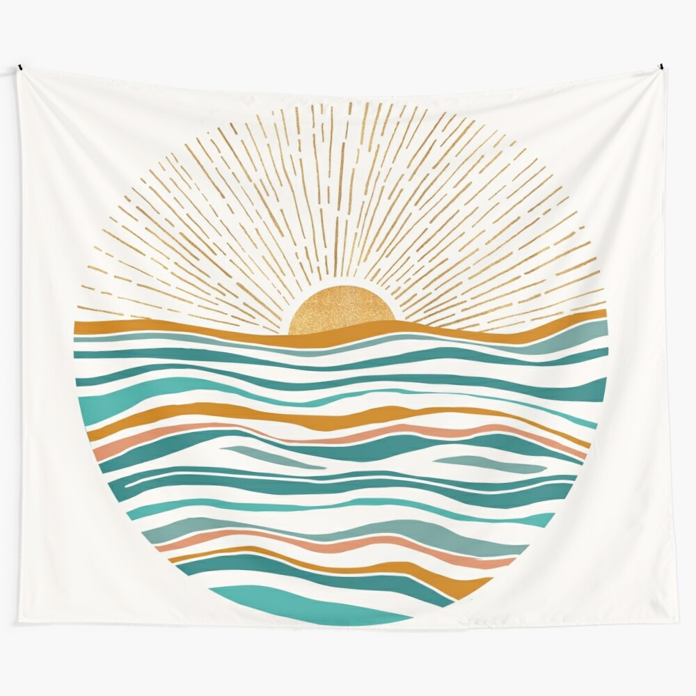 Radiant sunshine tapestry featuring a coastal inspired abstract landscape with shimmering gold foil details