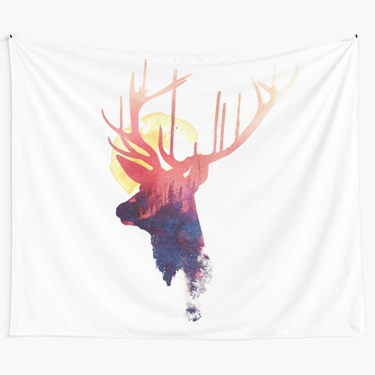 Deer tapestry featuring a watercolor sunset landscape from Japan