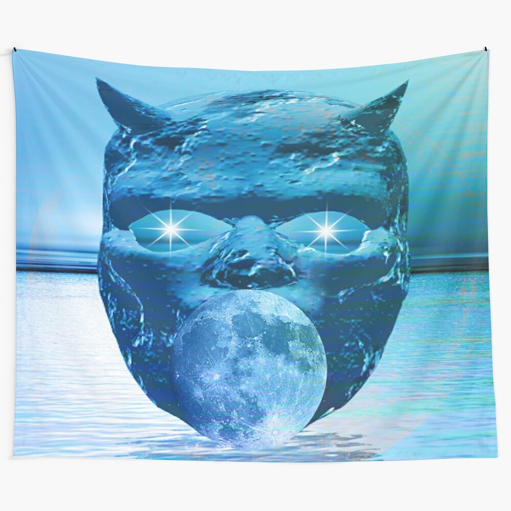 Enchanting moon mask tapestry with surreal, abstract cosmic design