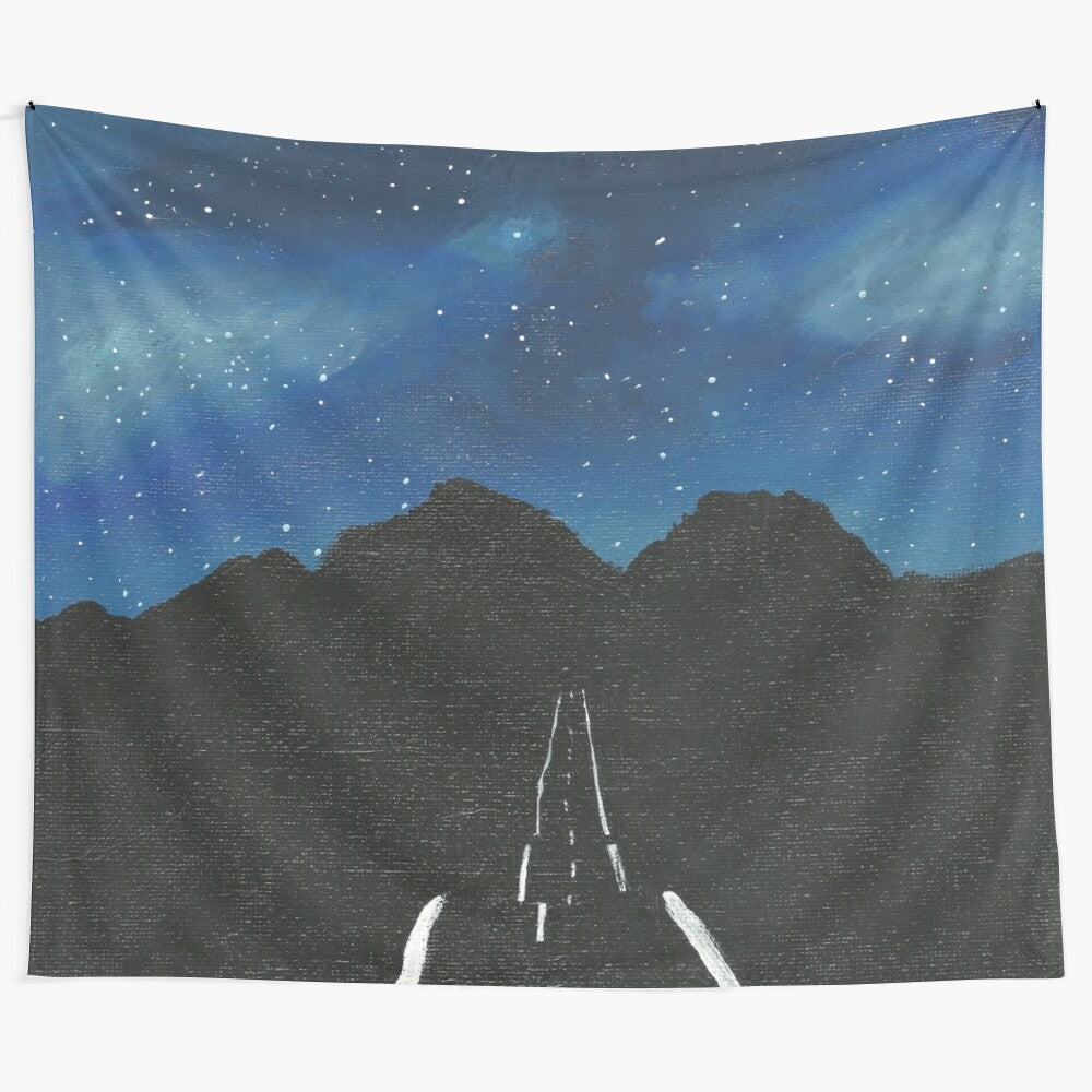 Lonely road tapestry with night sky, mountains, and galaxy reflection