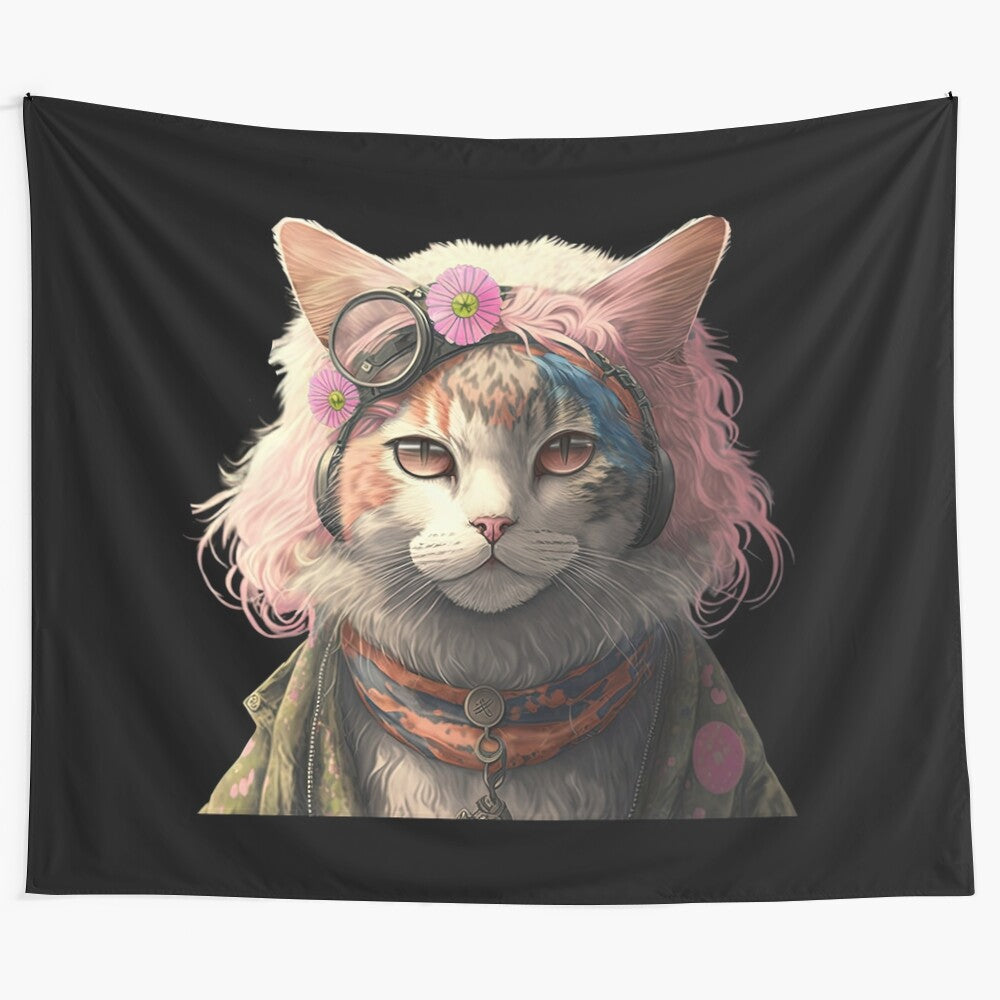 Festival cat tapestry featuring a cool, chilled-out hippie cat with flowers