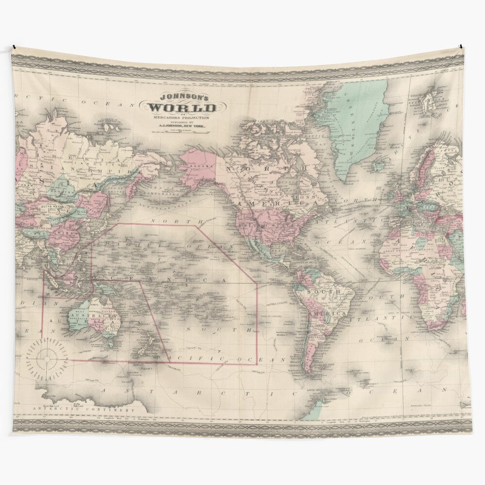 Vintage-inspired world map tapestry featuring a historical 1870 cartographic design